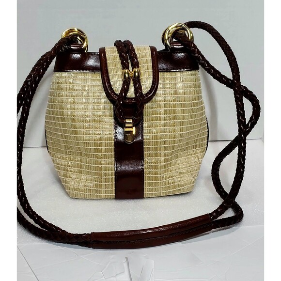 Vintage Kaela Straw Purse Brown Leather Trim Shoulder Bag Unique Closure - Picture 2 of 15